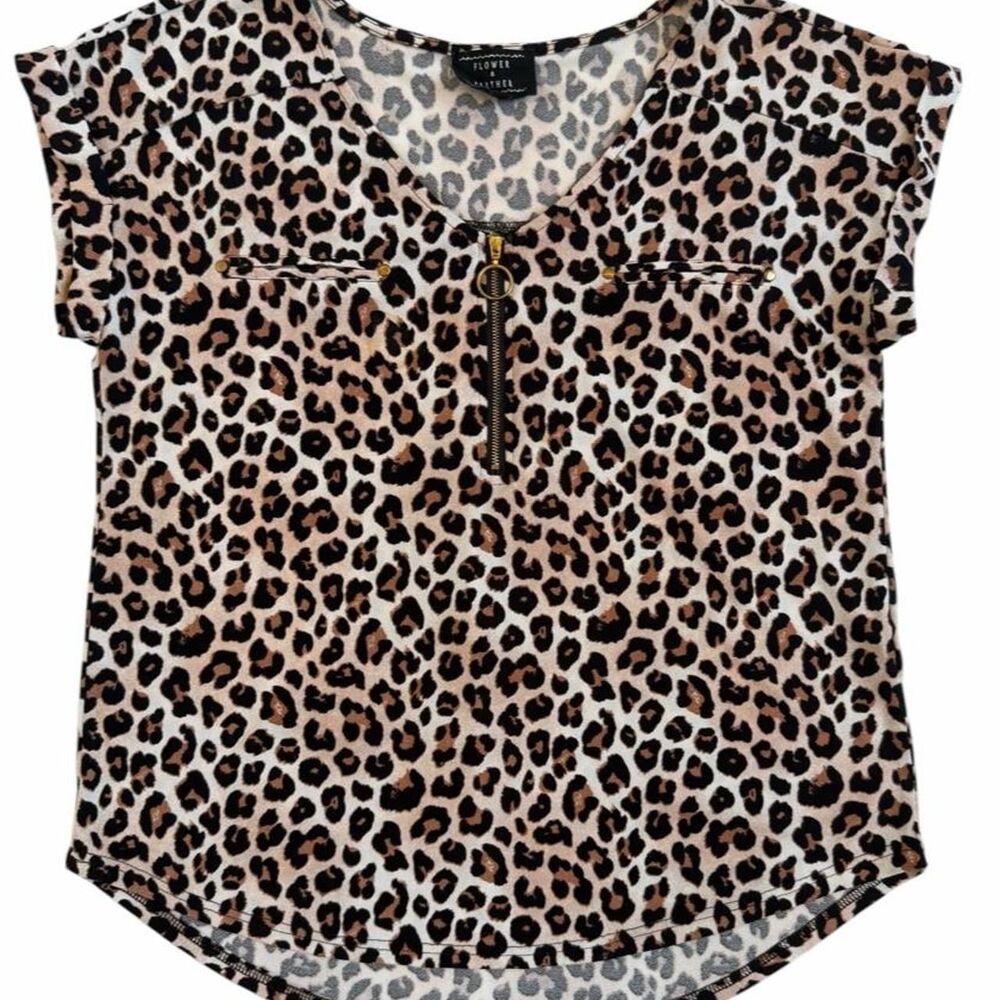 Flower & Feather Leopard print blouse with zipper detail